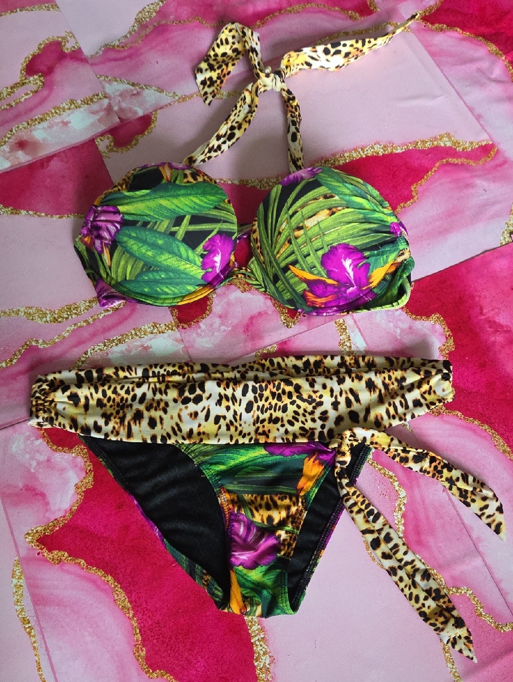 Tropical Floral & Leopard Print Bikini Set - Green, Purple, Gold